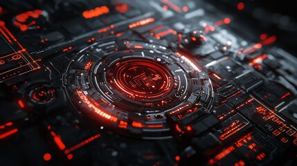 Canvas Print - futuristic technology interface with glowing red circular core.