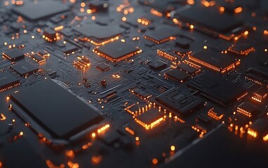 Canvas Print - close-up of illuminated circuit board with glowing components.