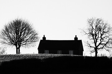 Wall Mural - Lonely silhouette of a house against a vast field