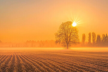 Wall Mural - Silhouette of a tree in a foggy field at sunrise