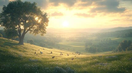 Poster - Serene sunset over rolling hills, sheep grazing in meadow.