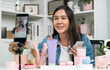 © Summit Art Creations - Young beautiful Asian reviewing cosmetic makeup and skin care collection, talking customer on social media online, presenting product surrounded beauty merchandise recording blurred phone . Stratagem.