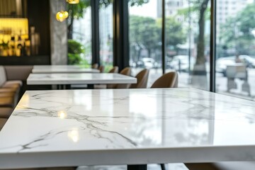 Wall Mural - Empty white marble stone table top and blur glass window interior restaurant banner mock up abstract background - can used for display or montage your products