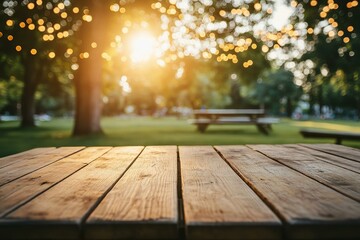 Wall Mural - Empty wooden table with garden bokeh for a catering or food background with a country outdoor themeTemplate mock up for display of product