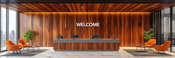 Wall Mural - Modern Office Lobby Interior Design, Wood Wall With Welcome Sign And A Stylish Reception Area