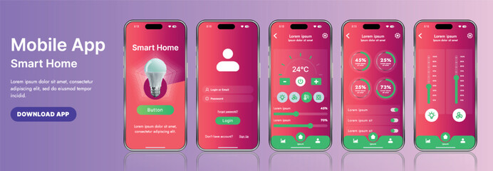 a sleek smart home application interface template featuring modern icons and a gradient design. incl