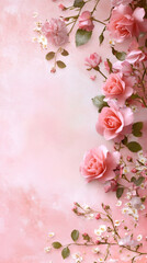 Poster - Soft pink roses and delicate white blossoms forming elegant vertical border on textured pink surface, showcasing romantic floral composition