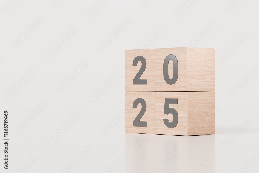 3d Wooden box cube with text 2025 icon. Transitioning from 2024 to 2025 ...