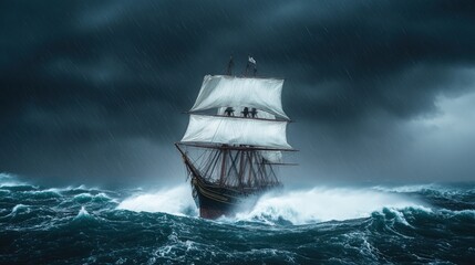 Canvas Print - Three-masted sailing ship battling stormy sea.