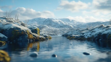 Sticker - Snowy mountain lake landscape.