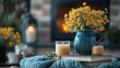 © kvladimirv - Cozy Autumn Still Life with Yellow Flowers, Candle, and Warm Knitted Blanket by the Fireplace