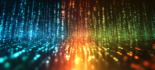Flowing stream of binary code in green and yellow hues, representing data transfer and technology
