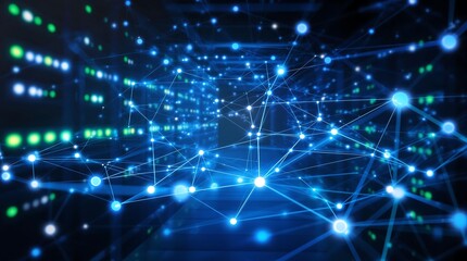 Abstract Technology Background of Data Center with Interconnected Servers, Blue and Green Glowing Network