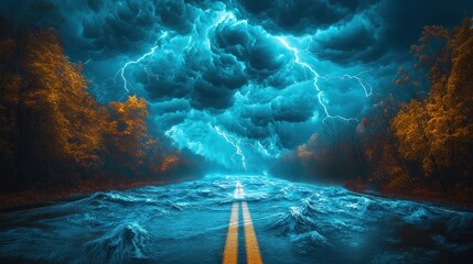 Wall Mural - Stormy road, flooded asphalt, dramatic lightning.