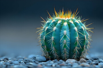 Canvas Print - Close-up of a vibrant teal spherical cactus with prominent spines, sitting on small grey stones against a dark blue background.