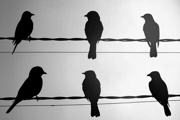 Wall Mural - Birds perched on electric wires at dusk