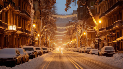 Wall Mural - Traffic in snowy city.