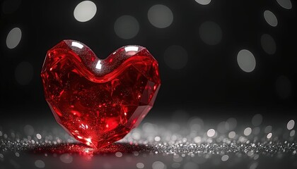 Wall Mural - Faceted crystal heart with a red glow, surrounded by soft bokeh lights, creating a warm and romantic atmosphere