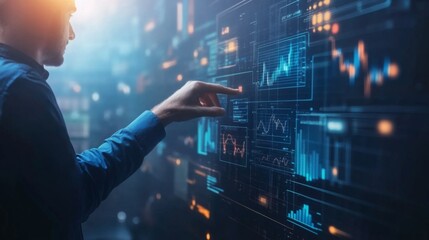 Leinwandbilder - A person interacts with a digital display showcasing data visualizations and graphs in a futuristic environment.