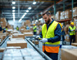 © elina - Worker in safety vest using scanner in a warehouse filled with boxes during daytime operations