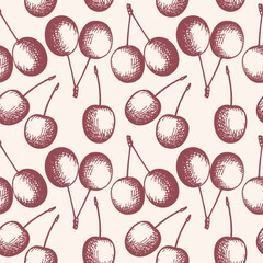 Wall Mural - Vector seamless pattern with engraved cherries. Hand drawn repeating background with sweet berry of cherry-tree. Food, red round stone fruits. For textile, wrapping, label, card, print, sign, paper