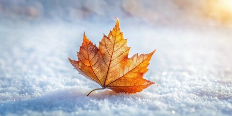 Sticker - A single, dried autumn leaf rests gently on a pristine blanket of fresh snow, bathed in the soft glow of winter sunlight.