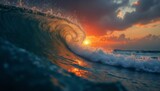 dramatic seascape, a big and beautiful wave in the ocean at sunset, sunlight shines through the crest of the wave, wind and the force of nature