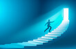 © MDOMAR - A determined businessman climbing up a white staircase symbolizing success and dreams, with a bright door at the top on a blue background,