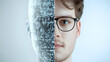 © สรศักดิ์ ธรรมวงษ์ษา - Create two part side image. left side is digital half face with 0 and 1 represent the computer data. right is a half real person that represent in the real life