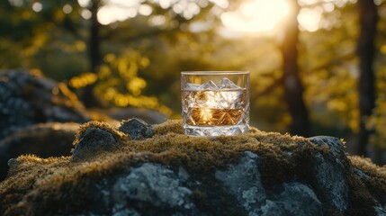 Wall Mural - Whiskey glass with ice on a mossy rock in a forest at sunset.