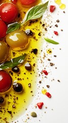 Wall Mural - A Culinary Masterpiece: Vibrant Display of Tomatoes, Olives, and Herbs in a Drizzle of Golden Oil