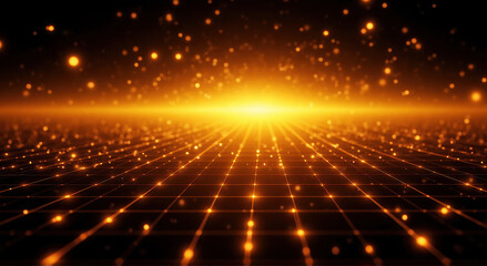 radial blurred rays of Yellow light move over the grid reaching the vanishing point on the horizon