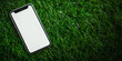 © Denis - Smartphone mobile with white blank empty screen mockup template standing on green grass background.