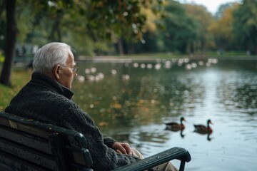 Elderly man sitting on a bench by the lake, enjoying a peaceful moment surrounded by nature in autumn