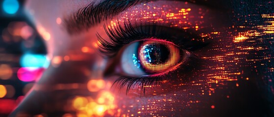 Poster - Mesmerizing eye collage embedded in a digital abstract design, with vibrant neon shades, holographic patterns, and a techdriven aesthetic