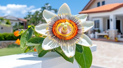 Wall Mural - Passion Flower Bloom  White Petals  Vibrant Center  Close Up