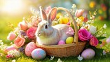 Wielkanocne tło z królikiem, pisankami i kwiatami