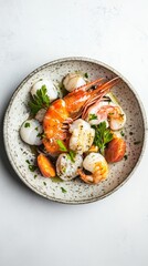 Wall Mural - A Culinary Symphony of Exquisite Seafood Delights: A Masterful Plate of Grilled Shrimp and Scallops