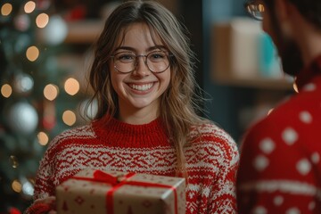 Holiday celebration with a smiling young woman holding a gift in a cozy decorated setting