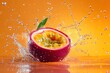 © Graph Squad - Passion fruit splashing into water, vibrant colors and juicy texture.