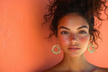 Wall Mural - Woman with curly hair poses against a vibrant orange wall, showcasing natural beauty and large earrings