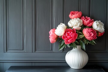 Wall Mural - Elegant bouquet of pink and white peonies in a white vase against a dark gray wood background.