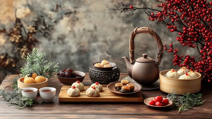 Wall Mural - A traditional Asian tea ceremony set up with delicate teapots, cups, and freshly prepared dim sum, arranged beautifully on a wooden table amidst festival decorations 