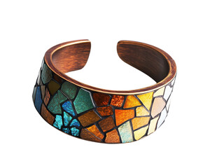 Colorful mosaic cuff bracelet on a white isolate background.