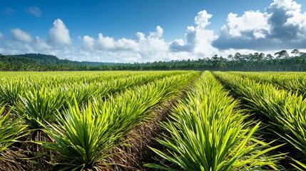 Wall Mural - Lush pineapple plantation under sunny sky.