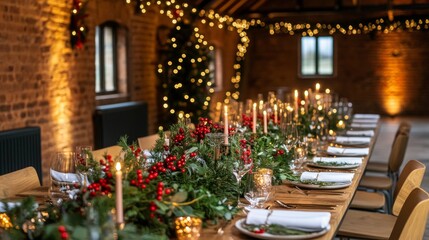 Sticker - The warm and inviting atmosphere for holiday gatherings is created by a beautifully decorated Christmas dining table adorned with greenery, candles, and festive ornaments