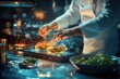 © kaleidoscope - Chef skillfully prepares a dish while consulting an AI-generated recipe on a tablet, showcasing culinary creativity