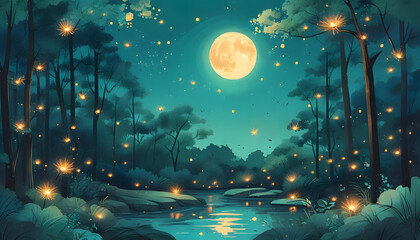 Wall Mural - Enchanted Forest Night Scene