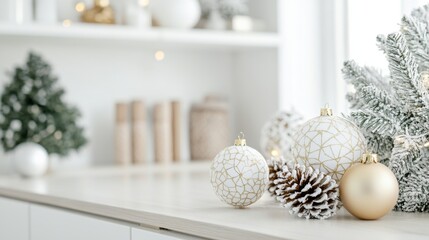 Sticker - White and gold ornaments, pinecones, and greenery in elegant Christmas decorations enhance the festive atmosphere, making them ideal for holiday celebrations and home decor