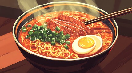 Wall Mural - A close-up of a bowl of steaming hot ramen topped with sliced pork, boiled egg, green onions, and a side of kimchi, served in a traditional ceramic bowl with chopsticks resting on the edge. 